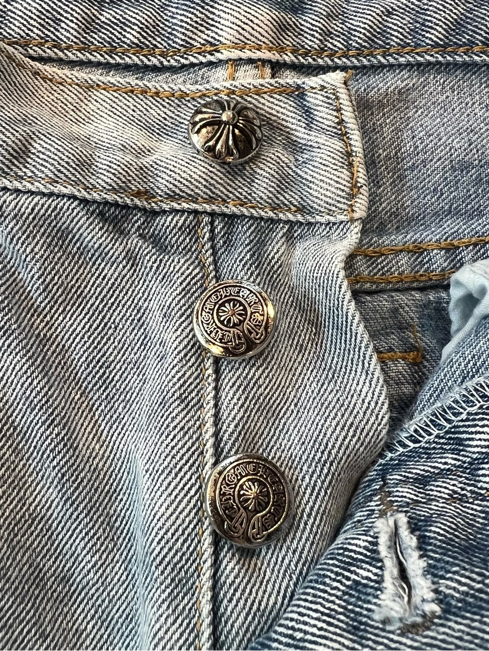 Chrome Hearts Light Blue Slim Straight Jeans with Black Cross Patches - Picture 6 of 8